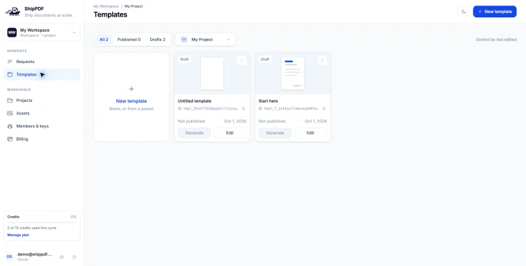 ShipPDF workspace showing the template list and sidebar navigation