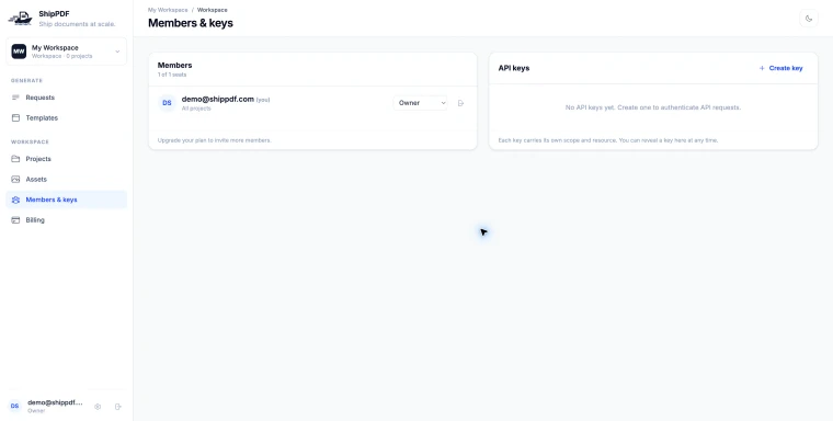 Members and keys page before creating an API key