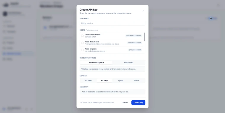 Create API key dialog with name, scopes, resource access, and expiry settings