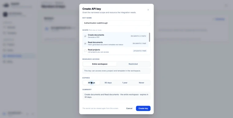 API key settings with documents:create and documents:read selected, entire workspace access, and a 30-day expiry