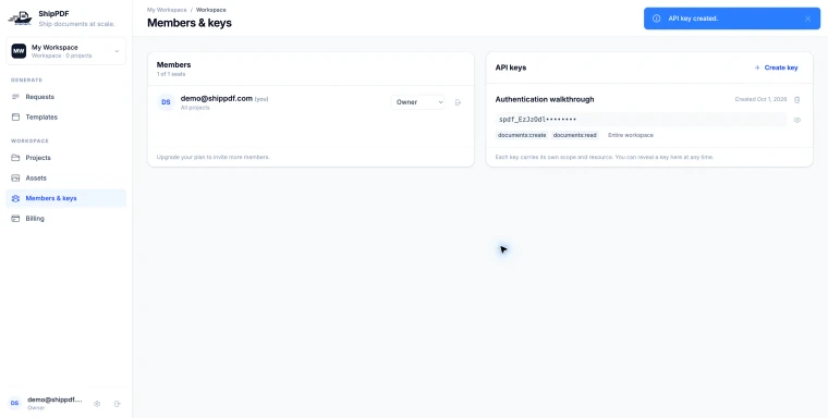 Created API key in the workspace key list with its secret masked