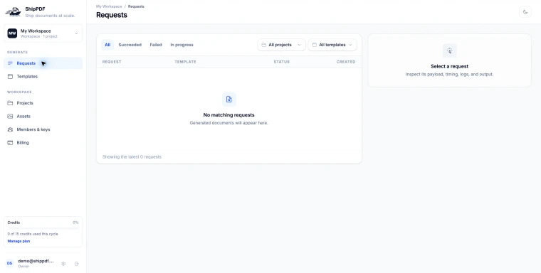 Empty Requests page in the ShipPDF workspace