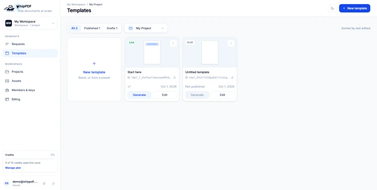 Start here template marked Live with published revision v1 and a Generate action