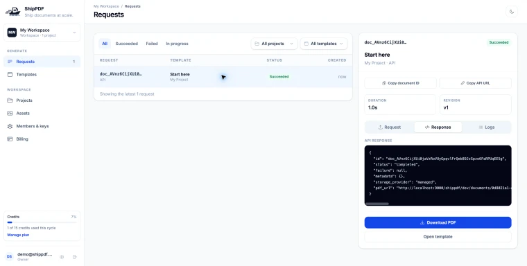 Successful API document request showing its completed response, document ID, and Download PDF action