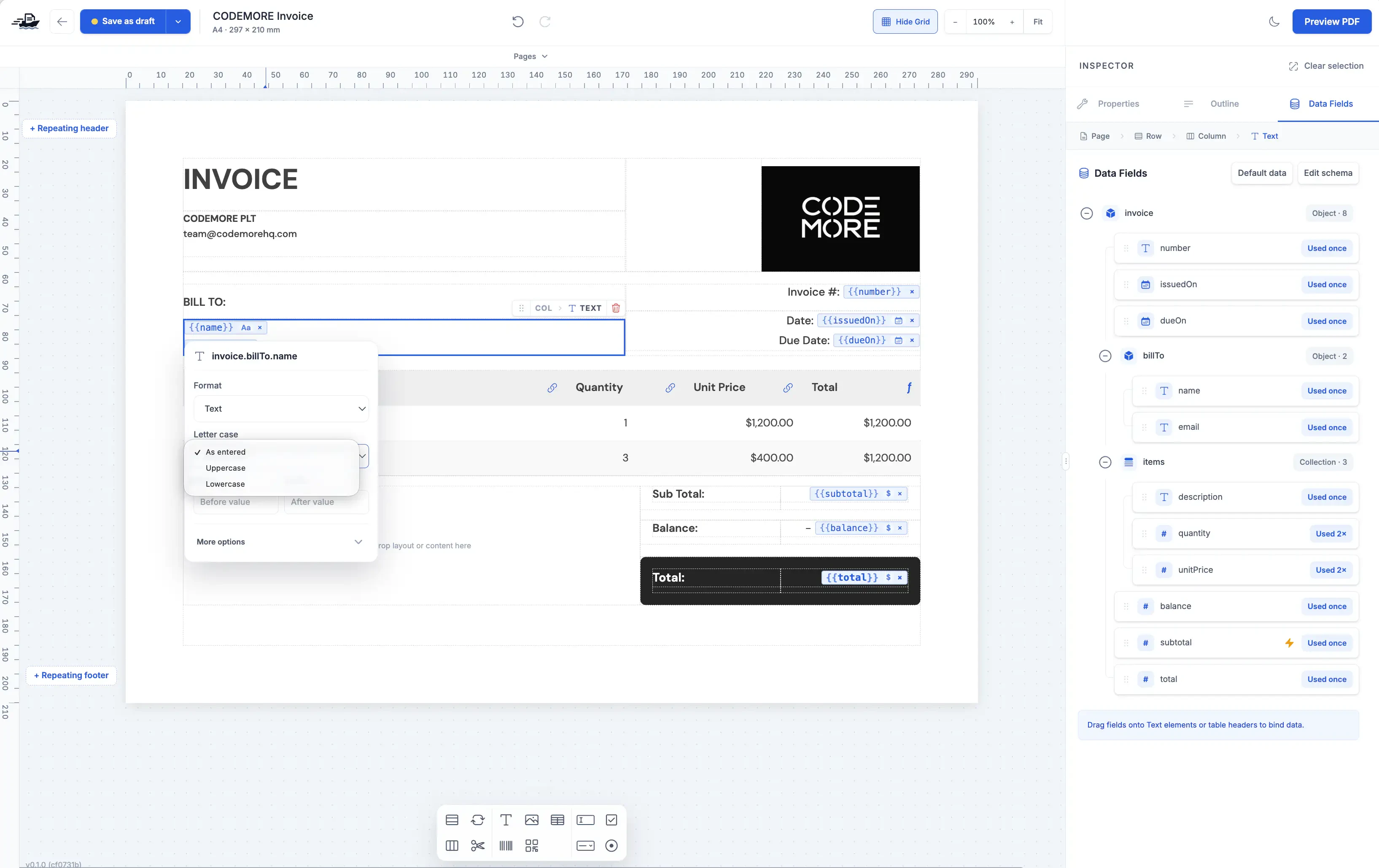ShipPDF editor showing an invoice, data fields, a services table and formatting controls for the customer name.