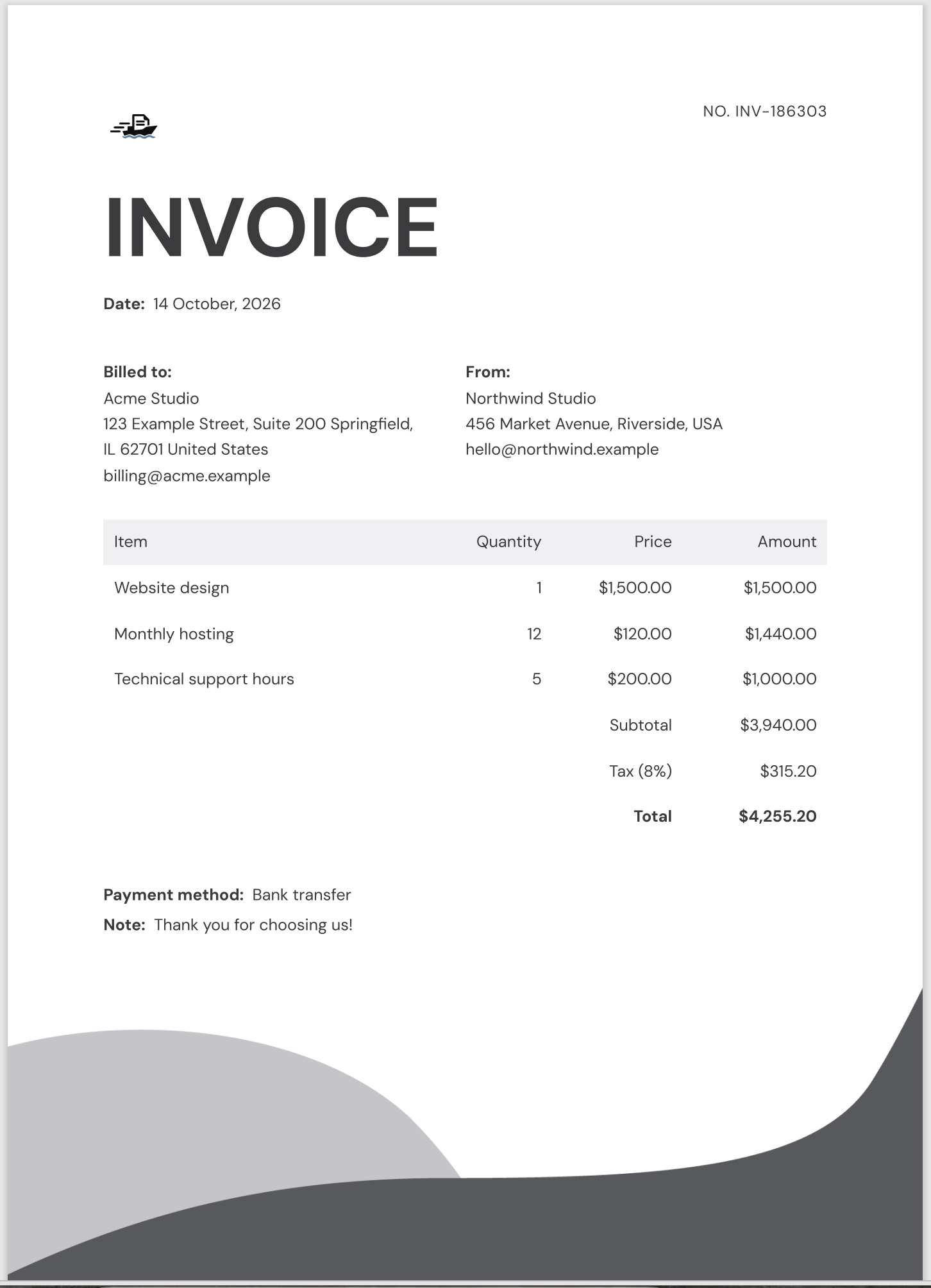 Generated ShipPDF invoice INV-186303 for Acme Studio, dated 14 October 2026, with three line items, subtotal $3,940.00, 8% tax $315.20, and total $4,255.20.