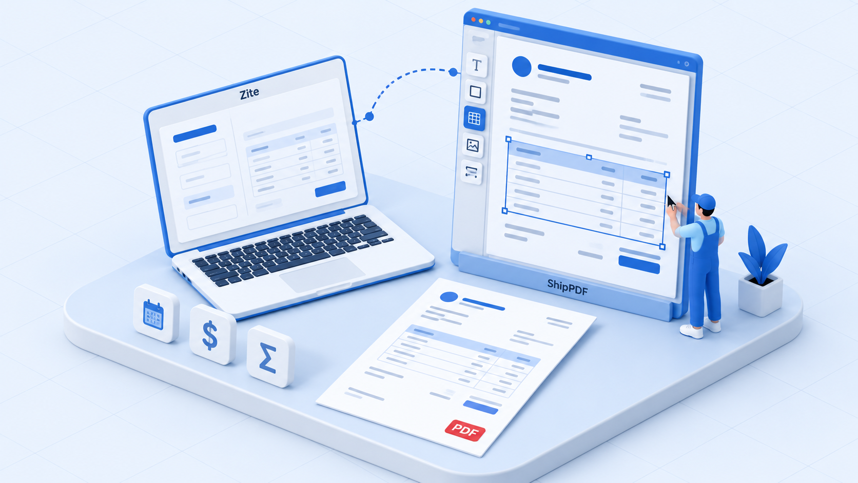 A Zite invoice form connects to a ShipPDF invoice editor, where a designer adjusts the table layout beside a finished PDF and date, currency, and formula icons.