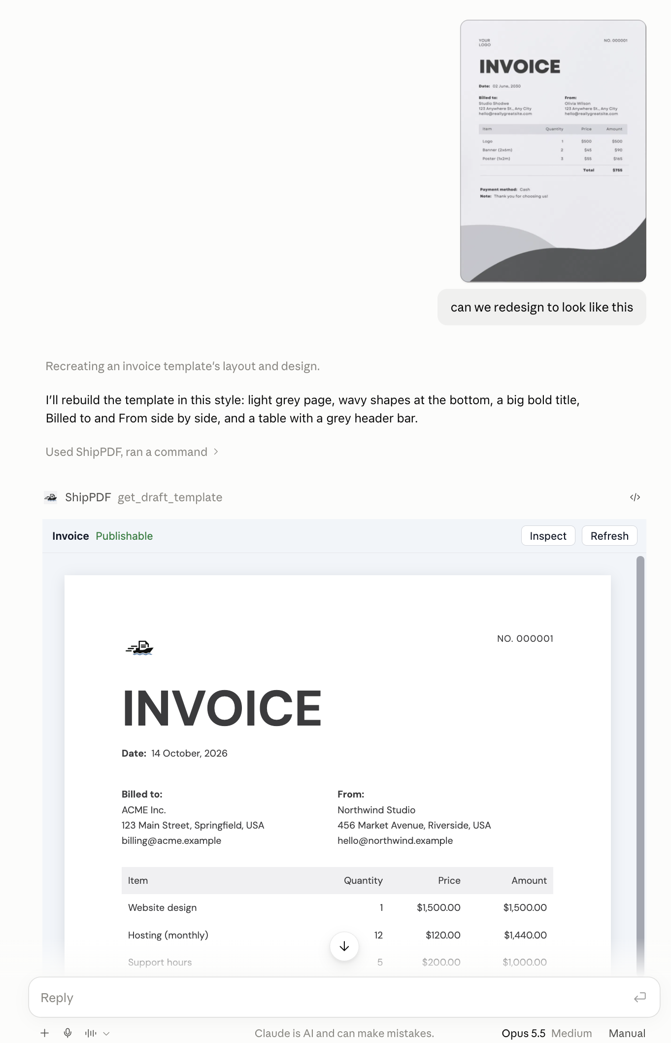 AI conversation with a sample invoice image and a ShipPDF MCP preview of the redesigned invoice template.