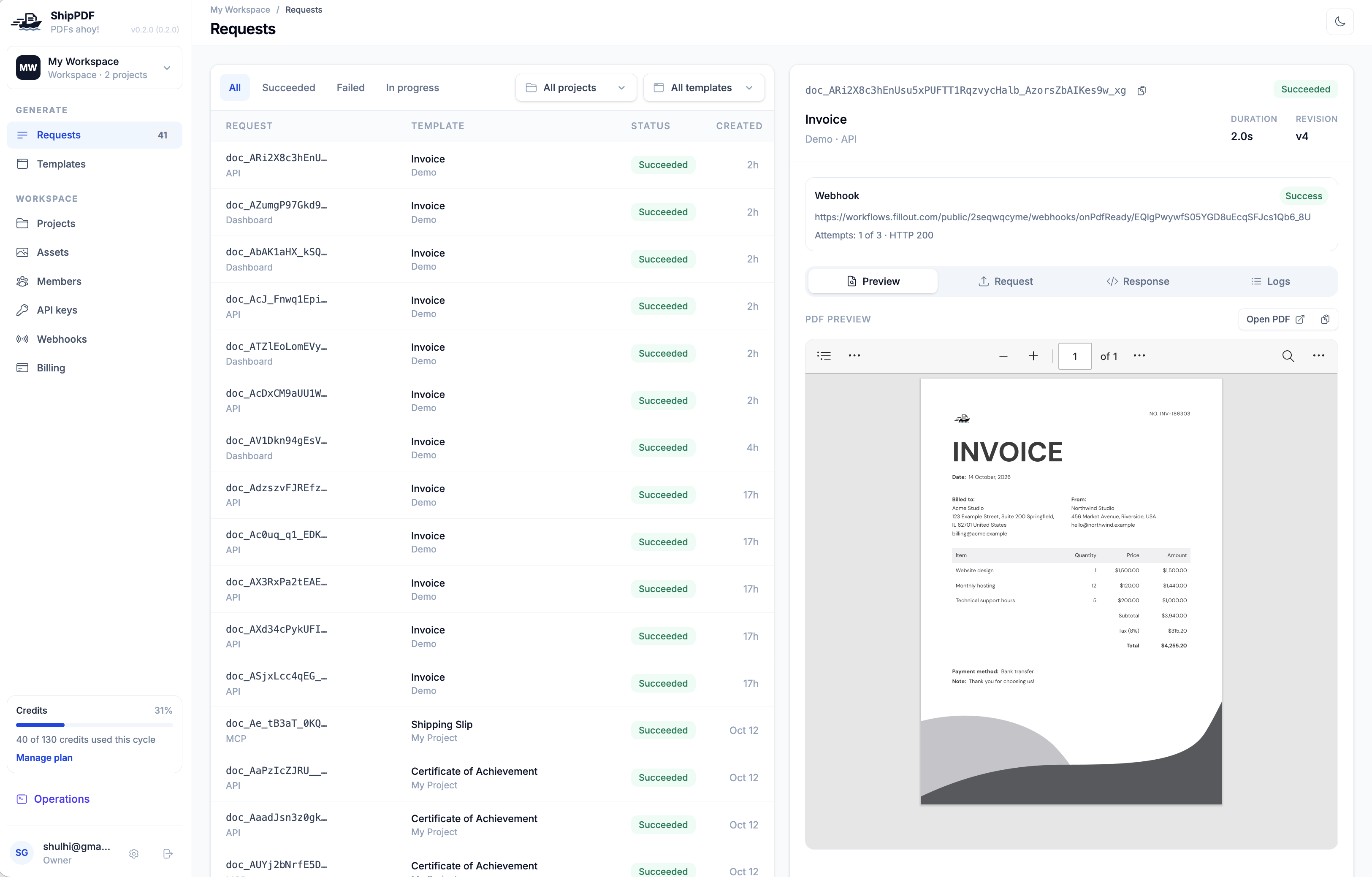 ShipPDF Requests page showing a succeeded Invoice API generation, successful webhook delivery with HTTP 200, and a preview of invoice INV-186303.