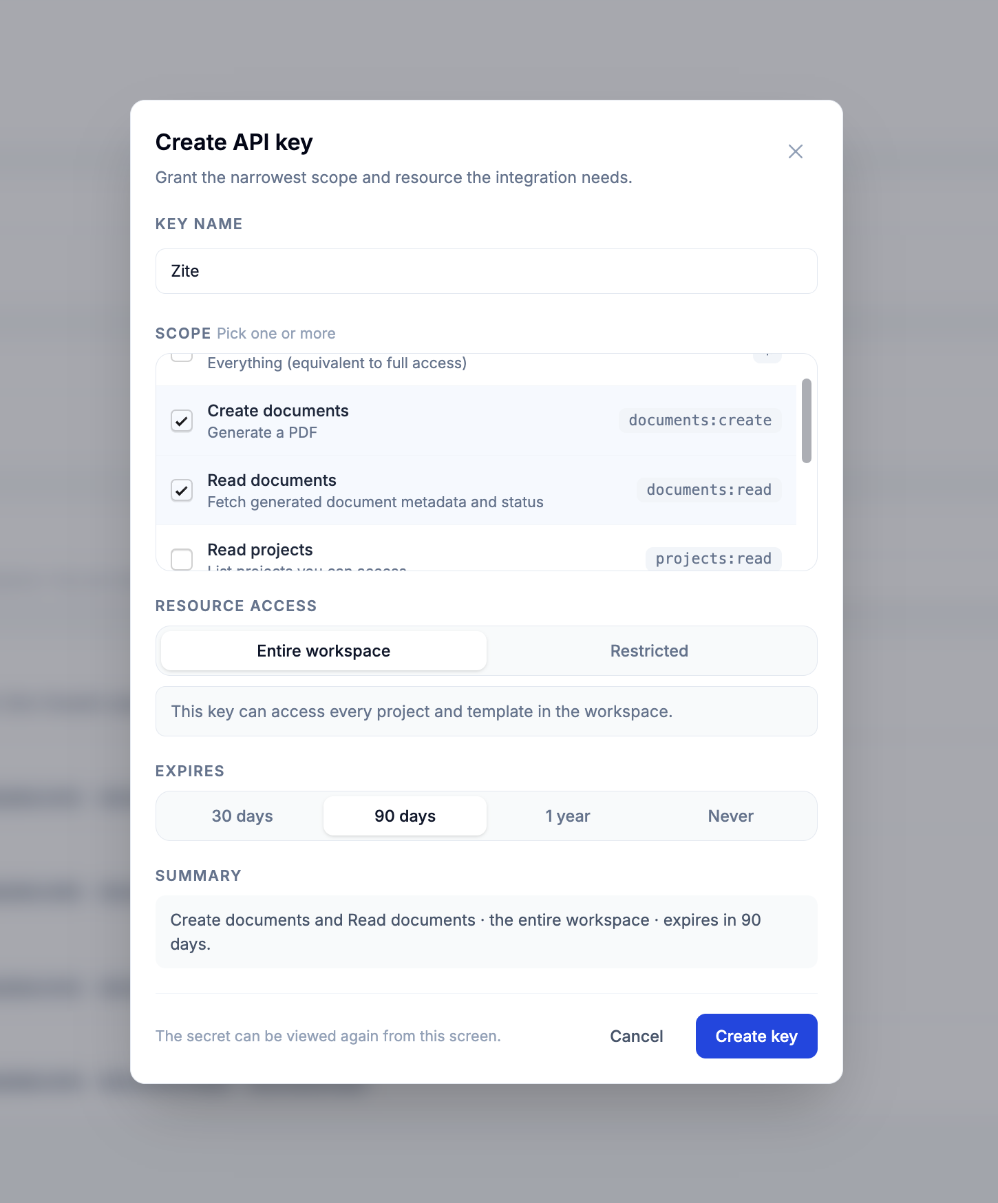 ShipPDF Create API key dialog with the name Zite, Create documents and Read documents selected, resource access, and expiration settings.