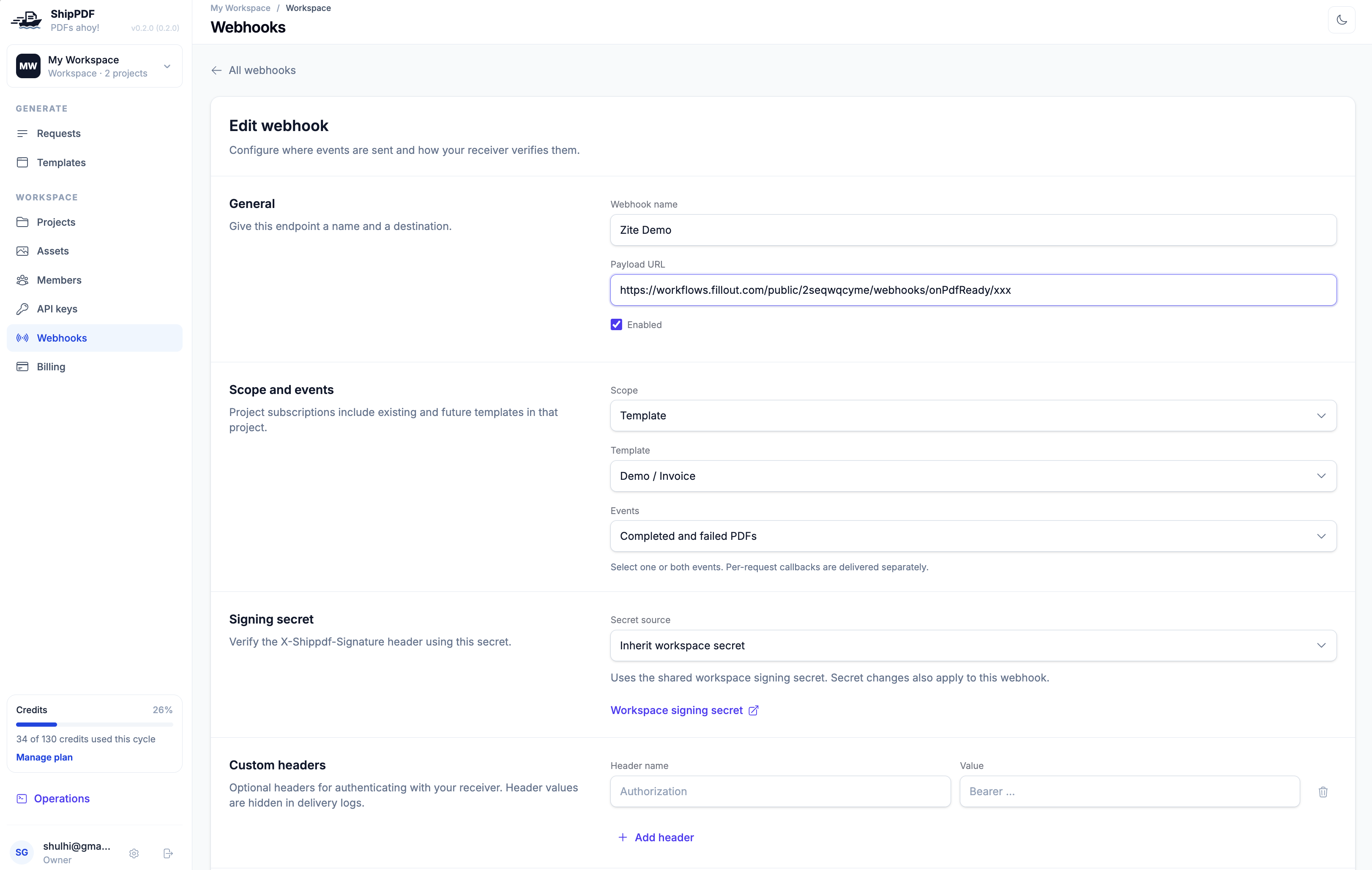 ShipPDF webhook settings showing the Zite endpoint, Template scope, Demo / Invoice, completed and failed PDF events, and inherited workspace signing secret.