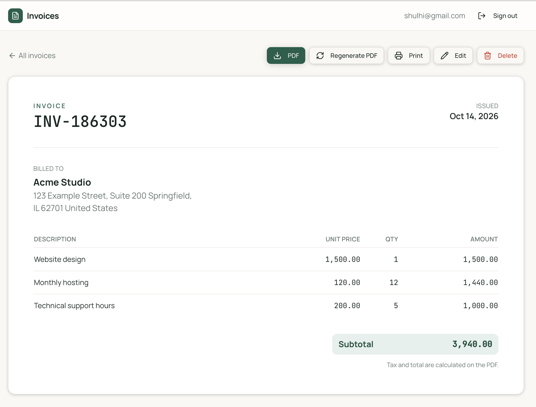 Zite invoice INV-186303 with a green PDF download button and Regenerate PDF action above the invoice details.