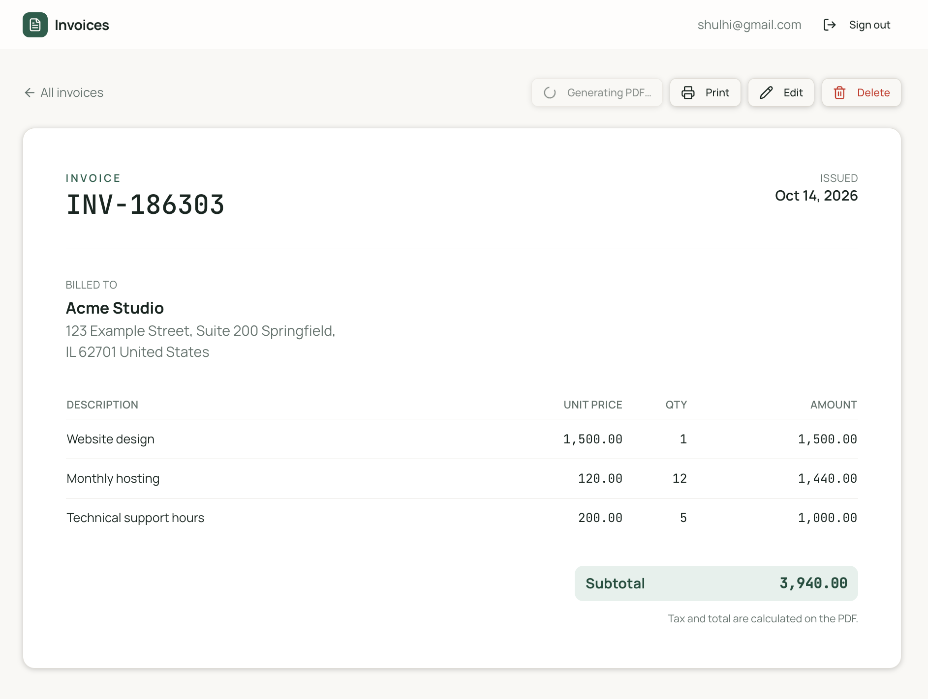 Saved Zite invoice INV-186303 for Acme Studio showing a Generating PDF status, three line items, and subtotal 3,940.00.
