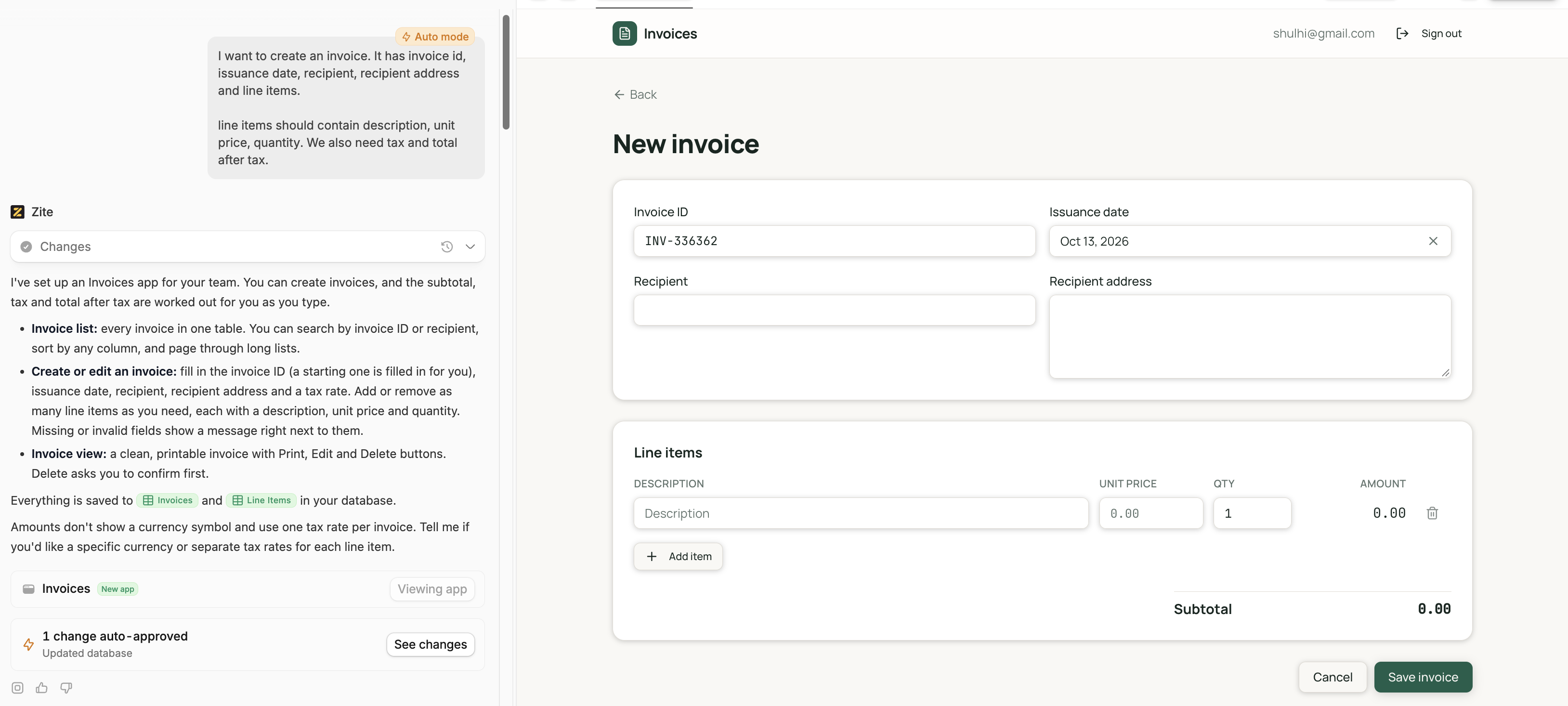 Zite invoice app showing invoice ID, issuance date, recipient, recipient address, and editable line items.