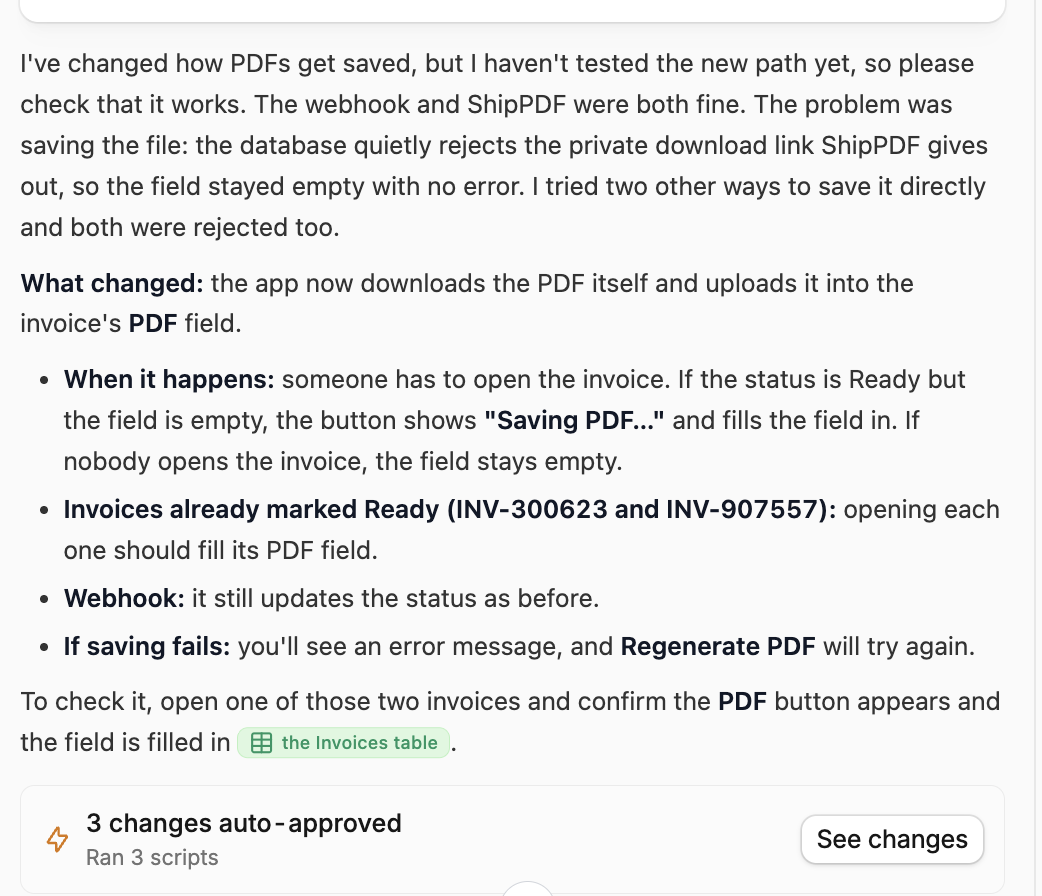 Zite describing a change from saving the ShipPDF URL to downloading the PDF and uploading it into the invoice file field.