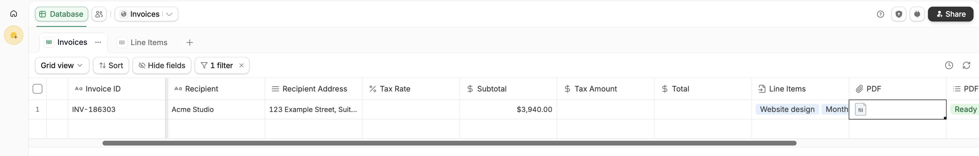Zite Invoices table showing INV-186303 for Acme Studio, a PDF file attachment, and Ready status.