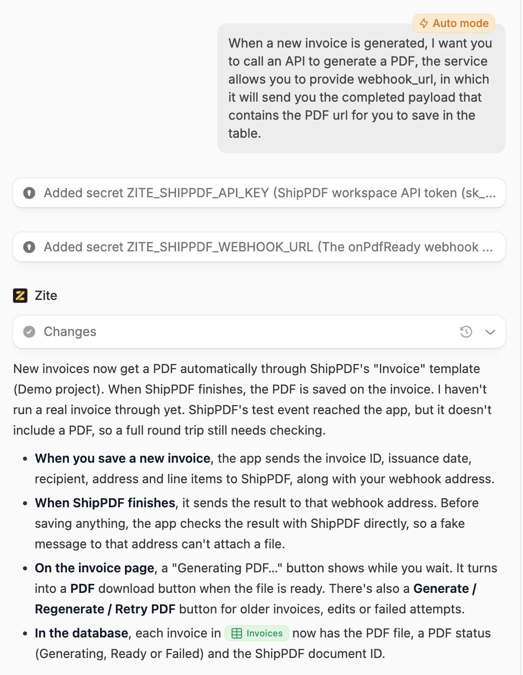 Zite explaining the ShipPDF API integration, webhook callback, generation status, and invoice PDF fields.