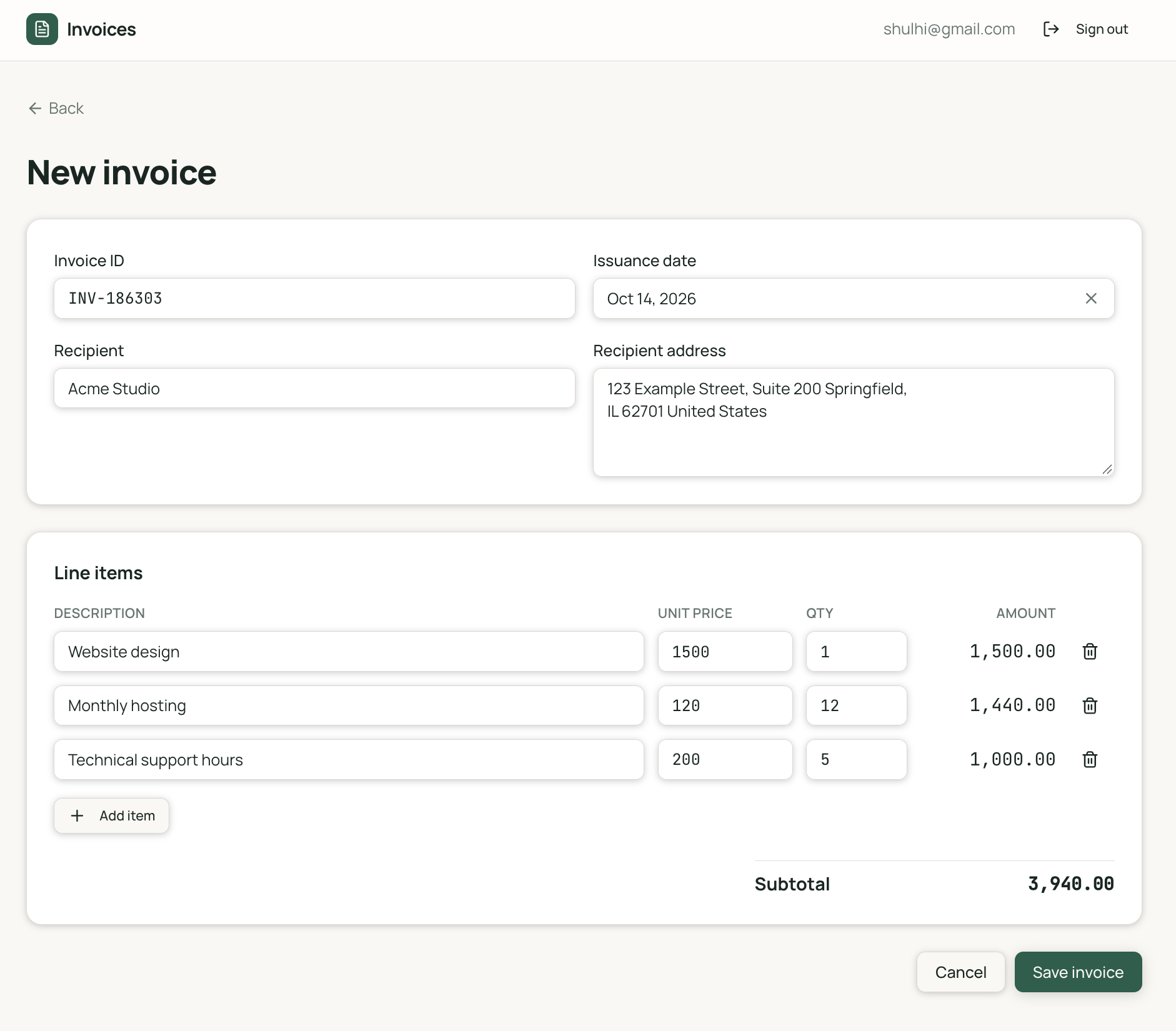 Filled Zite invoice form for INV-186303 and Acme Studio with website design, monthly hosting, technical support hours, and a subtotal of 3,940.00.